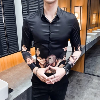 

Character Print Casual Shirts Men 2020 Baroque Slim Fit Streetwear Socia Party Club Dress Shirt Clothes Men Shirt Long Sleeve