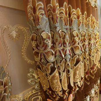 

European Royal Luxury Gold Curtains Enbroidered Curtains for Living Dining Room Bedroom Sheer/Voile Curtains for Home Decoration
