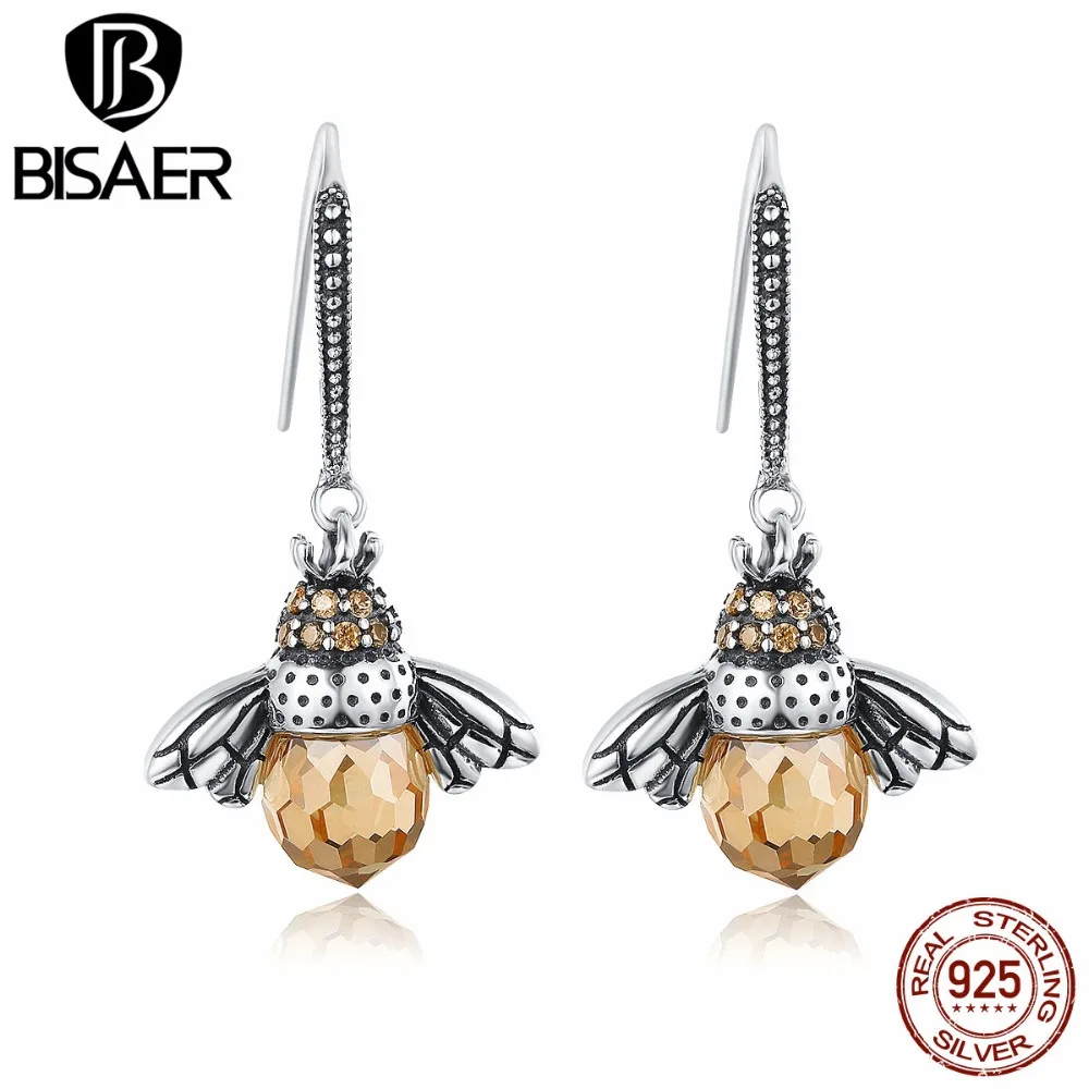 

Bisaer 100% 925 Sterling Silver Earrings Clearly CZ Glass Dancing Bee Insect Yellow Drop Earrings For Women Fine Jewelry Gift