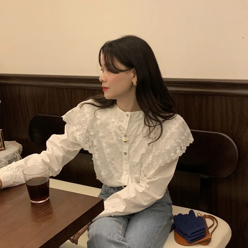 REALEFT Spring Lace Patchwork Women's Shirts Female Blouse Long Sleeve Stand Collar Korean OL Style Women Elegant Blouses
