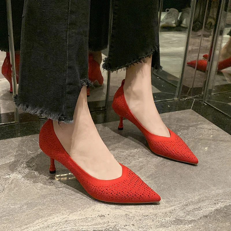 

Stretch Fabric Heels Women 2019 Red Black Beige High Heels Knitting Pumps Female Thin High Heel Pointed Toe Stiletto Pumps
