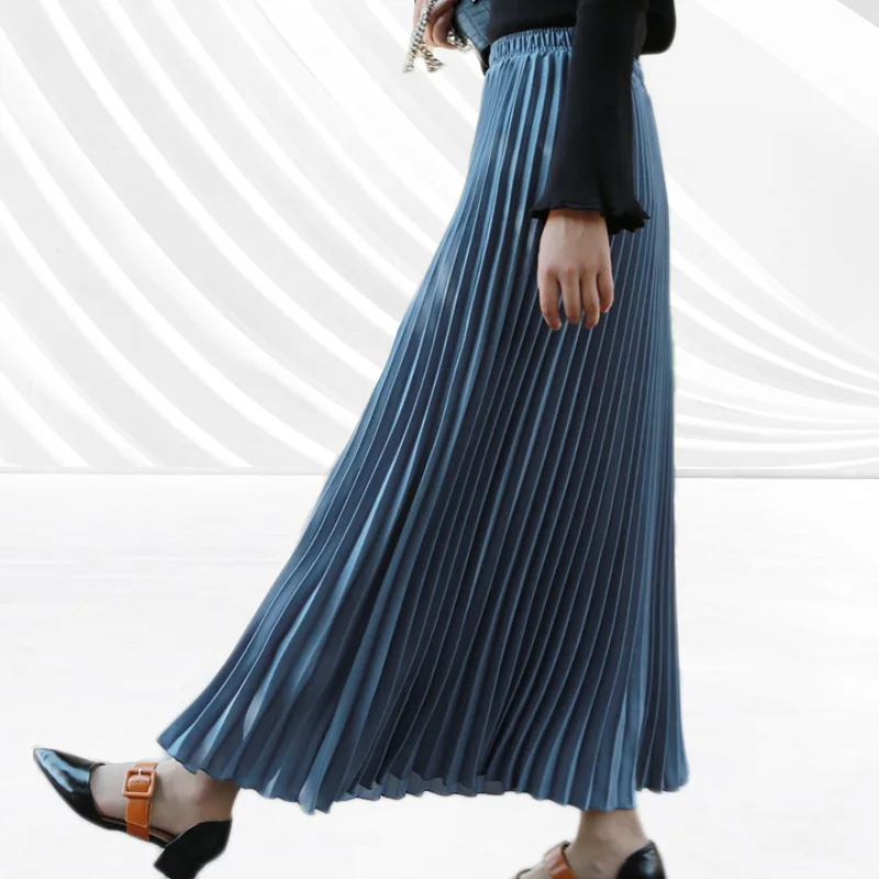 Qiuxuan, женские макси одноцветные юбки, Весенняя эластичная плиссированная юбка с высокой талией, юбка длиной до щиколотки, женские повседневные юбки, разные цвета - Цвет: Cool-Grey