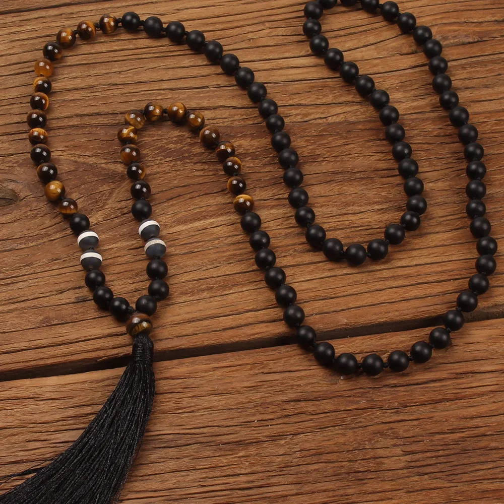 

Necklace Dull Polish Black Agate Natural Tiger's Eye Stone Tassel Necklace Women's Sweater Necklace