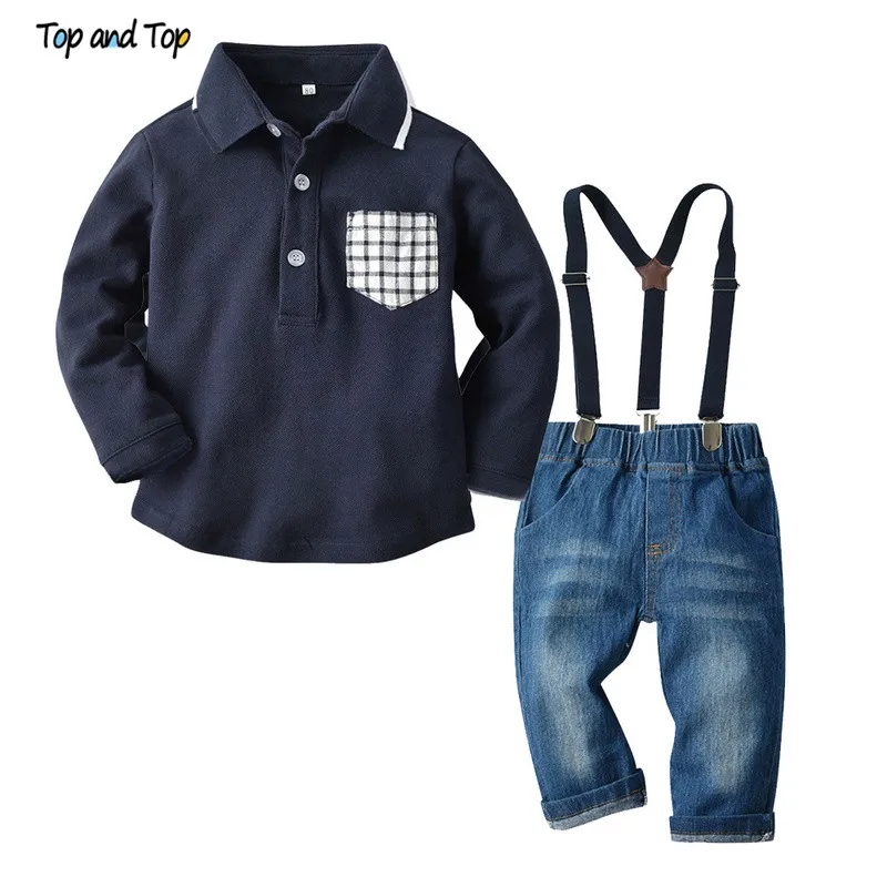Топ и топ, модный детский комплект повседневной одежды для мальчиков, хлопковый пуловер с длинными рукавами рубашка+ джинсовые штаны на подтяжках Костюм Джентльмена для маленьких мальчиков - Цвет: Тёмно-синий