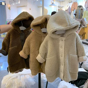 

5547 Baby Boys And Girls Winter Lamb Fur Coat Korean Fashion Casual Loose Wool Jackets Medium Length Clothes Children's Coat