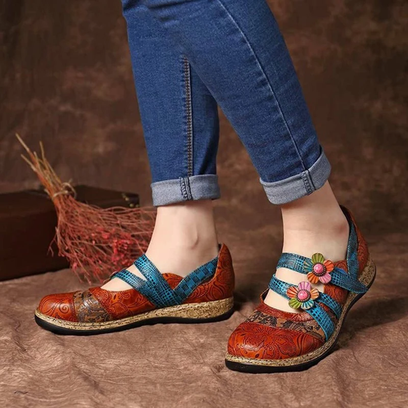 

Ladies Fashion Flower Soft Bottom Design Round Toe Mix Color Flat Shoes Vintage Leather Women Bohemian Flats Shoes