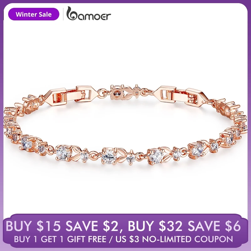 

Bamoer Luxury 18K Rose Gold Plated Chain Bracelet for Women Ladies Shining AAA Cubic Zircon Crystal Jewelry Wedding JIB013