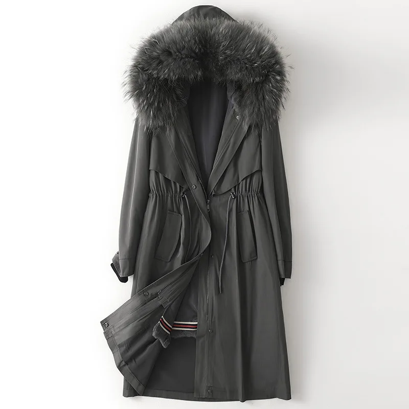 

Winter Fashion Real rabbit lining parka Coats For Women long Jacket black Natural fox Fur collar hooded overCoat Female luxury