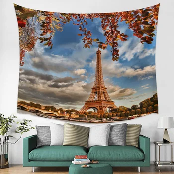 

Paris Tower Leaves Sky City Scenery Wall Tapestry Cover Beach Towel Picnic Yoga Mat Home Decoration