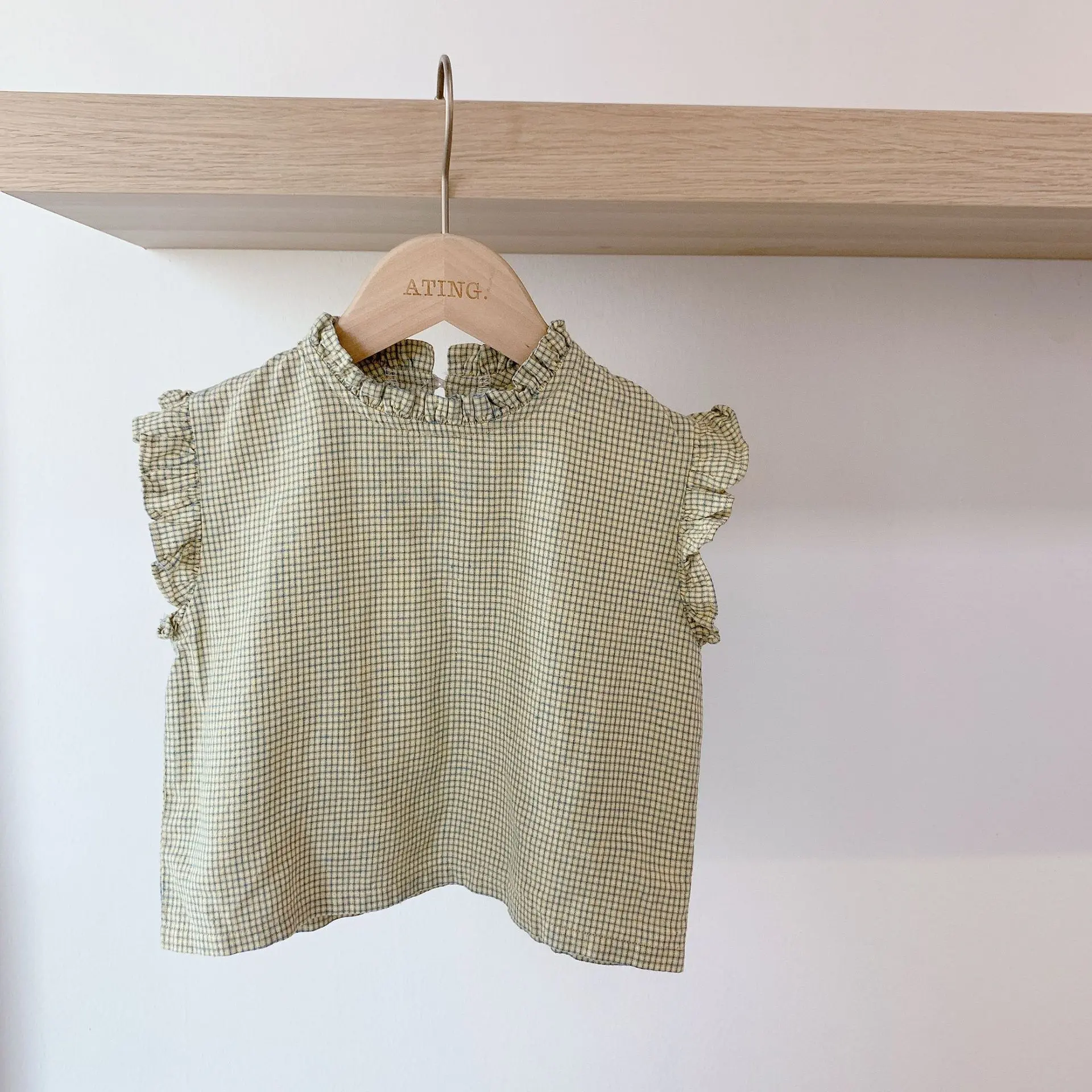 Kids Shirts Korean Style Summer Baby Girls Sleeveless Plaid Shirts Ruffles Vest Tops Toddlers Children Blouses