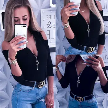 

Summer Women Long Sleeve Ultrathin V-Neck Open Shoulder Top Zipper Ladies Plunging Neckline Shirt Daily Sexy Tops T-Shirts