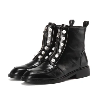 

women shoes new brand genuine cow leather med heel black beige zipper shoes woman autumn winter ankle boots motorcycle shoes 39