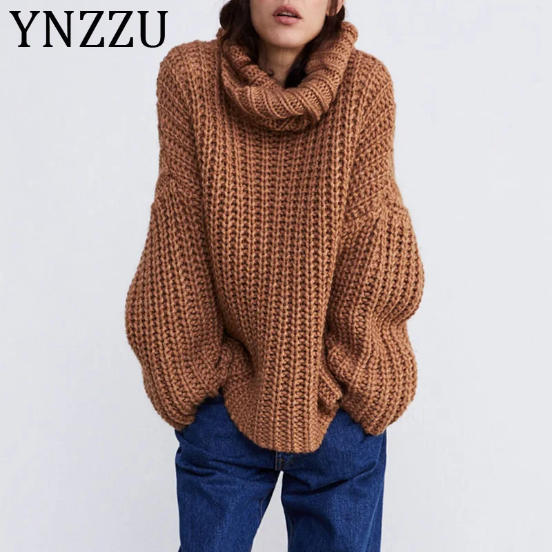 

YNZZU Camel Turtleneck Warm Knitted Sweater Women 2019 Winter Chic Batwing Sleeve Loose Female Pullovers Casual Jumper AT347