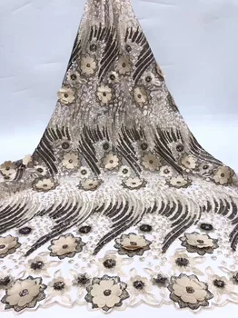 

8 options Beautiful sequins French net lace fabric with 3d flowers gold African tulle lace for attractive party dress FCC049