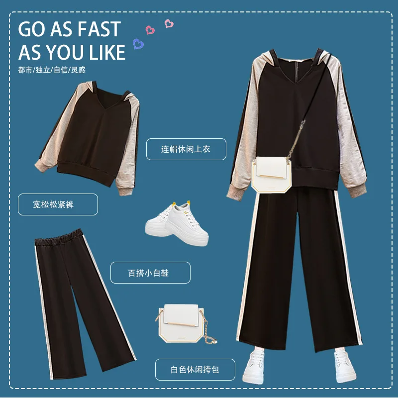 

Photo Shoot Large Size Dress 2020 Spring New Style Stripes Hoodie Loose Pants Two-Piece Set Women's Fashion