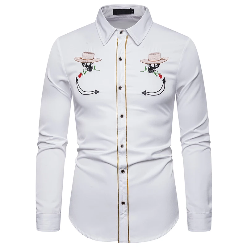 Мужская джинсовая Модная рубашка с вышивкой в западном стиле, Тонкая Повседневная рубашка с длинным рукавом на пуговицах, Мужская модная рубашка в национальном стиле, S-XXL - Цвет: A51-White