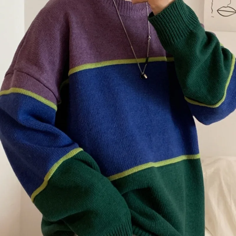 Winter Sweater Men's Warm Contrast Color Casual Knit Pullover Man Sweter Clothes Wild Loose Long-sleeved Sweater Men M-XL Winter Sweater Men's Warm Contrast Color Casual Knit Pullover Man Sweter Clothes Wild Loose Long-sleeved Sweater Men M-XL