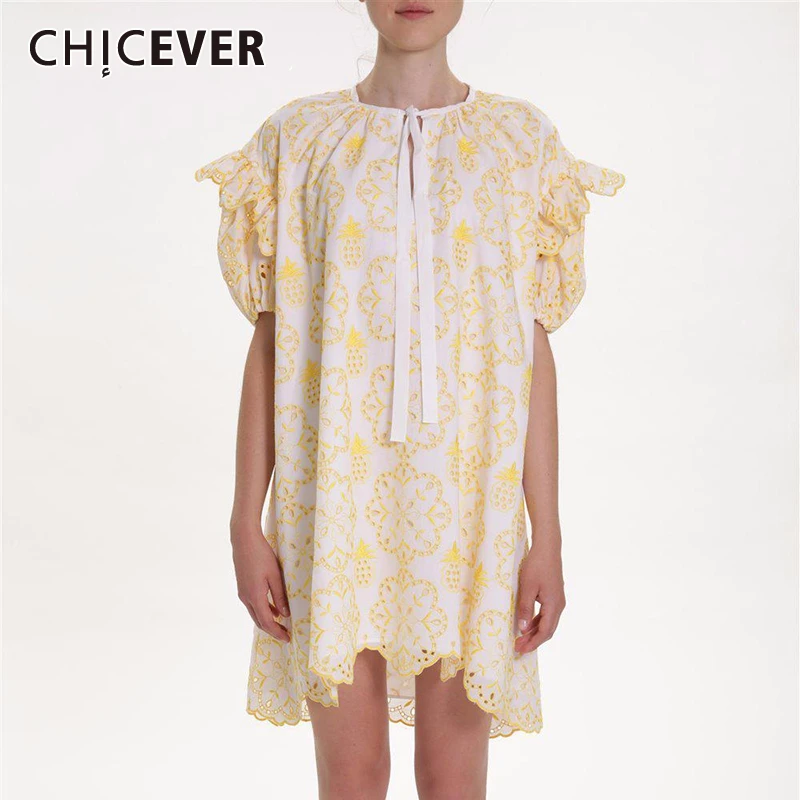 

CHICEVER Asymmetrical Print Ruffle Dresses For Female O Neck Puff Short Sleeve Large Size Loose Mini Dress Womens Fashion 2020