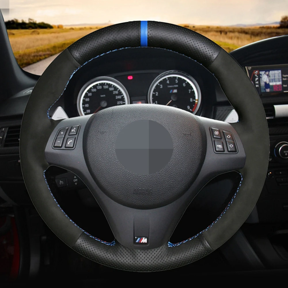 Hand-stitched Black Genuine Leather Black Suede Car Steering Wheel Cover For BMW M Sport M3 E90 E91 E92 E93 E87 E81 E82 E88