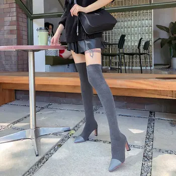 

ZawsThia Genuine Leather Knitted Stretch Boots Point Toe Sexy High Heels Socks Booties Non-Slip Women Overknee Thigh High Boots