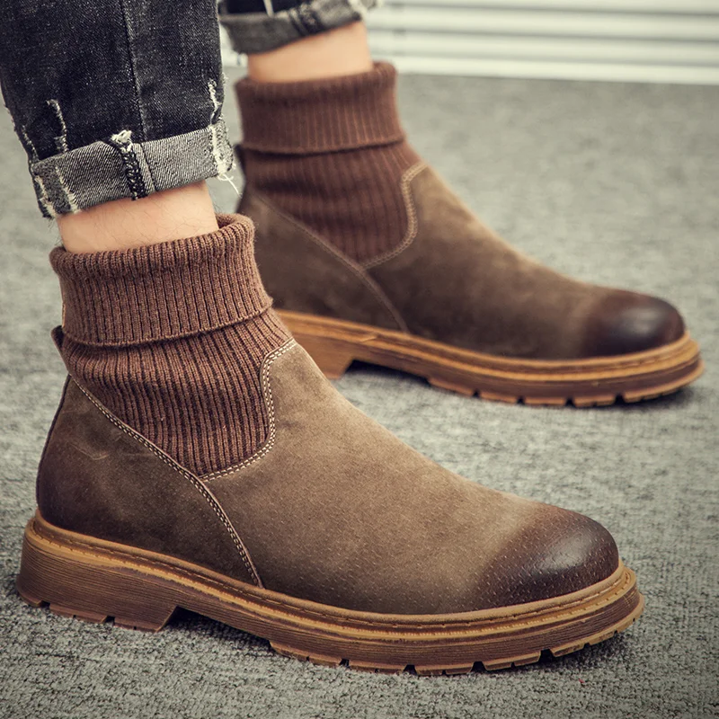 Мужские ботинки martin с высоким берцем; Botas; Модные трикотажные уличные кожаные ботинки; мужские повседневные дышащие ботинки без застежки