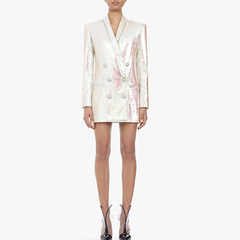 

2020 Double Row Metal Lion Buckle Shining Beads Film Sequins Slim Fit Medium Length Money Suit
