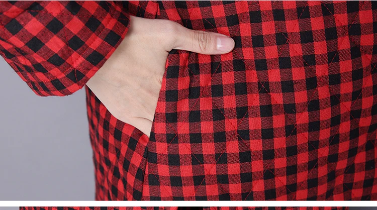 Winter clothes checked cotton and hemp cardigan jacket medium and long style jacket with thick cotton jacket Windbrea