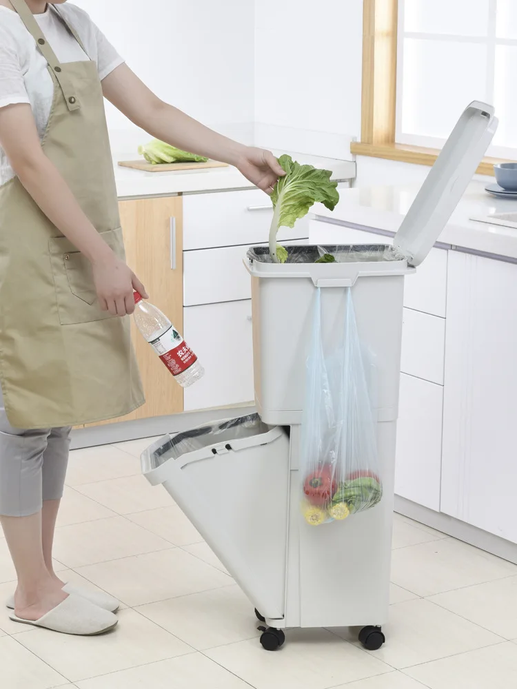 

Compartmental Garbage Can Large Size Double Layer with Cap Pulley Wet And Dry Separation Household Plastic Living Room Kitchen G