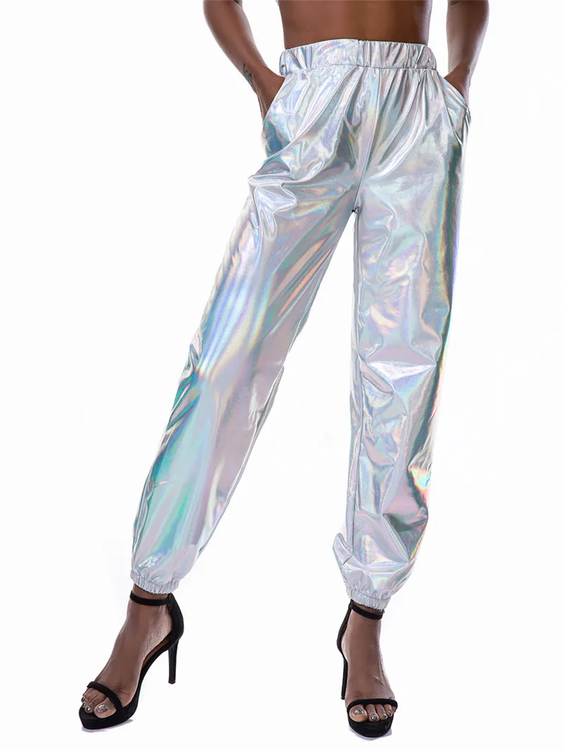Серебристые голографические мокрые длинные брюки женские брюки-карандаш с высокой талией модные брюки в стиле хип-хоп для девочек, для уличных танцев, блестящие длинные брюки