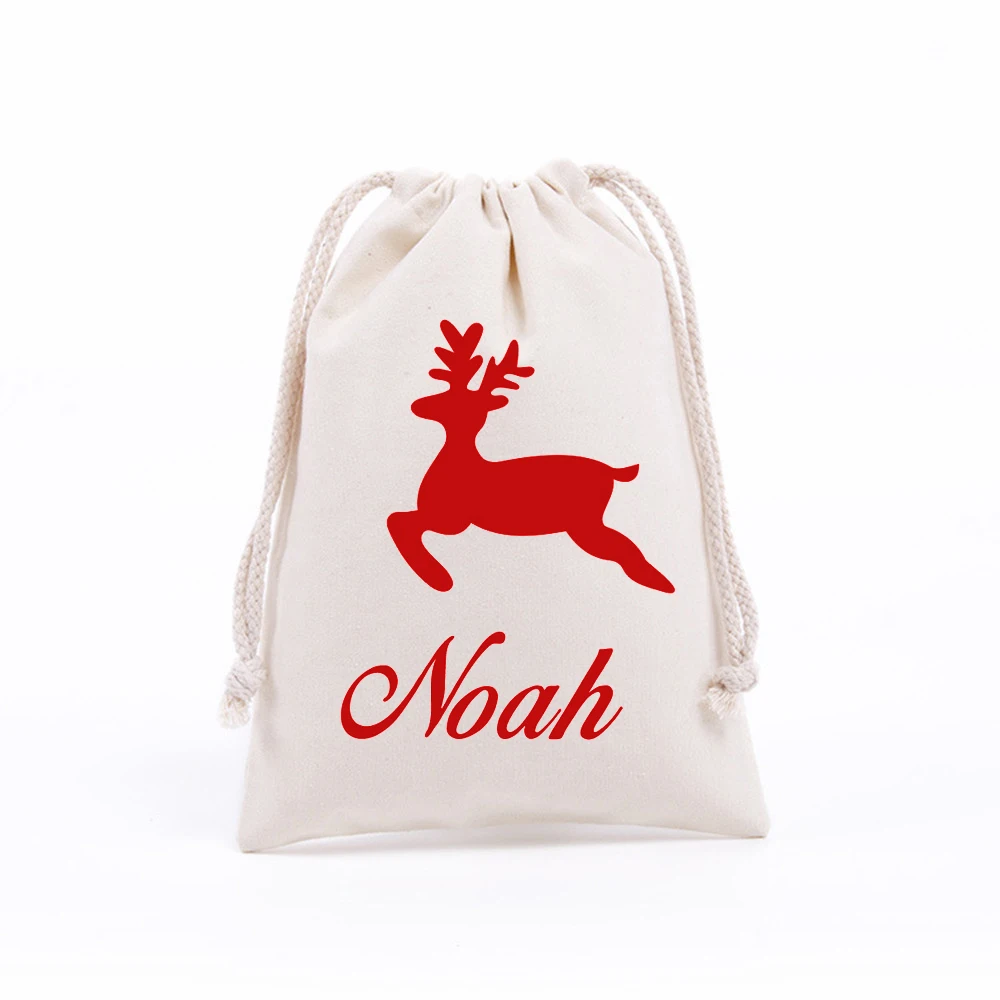 

18x25cm Personalized Name Christmas Gift Sack Reindeer Christmas Fabric Bags Custom New Year Kids Presents Bag Xmas Santa Sack