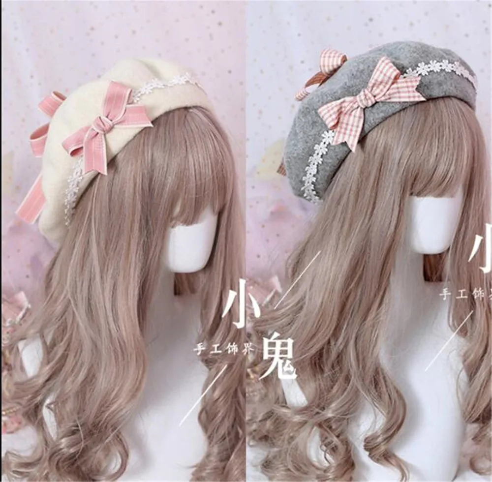 

Japanese Lolita Hat French Beret Wool Hat Stripe Bow Tie Raised Grain Venonat Girl Women Classic Painter Cap B479