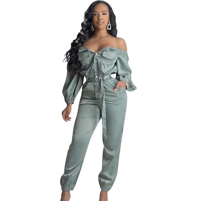 

Sexy Off Shoulder Elegant Rompers Womens Jumpsuit Female Button-up Pockets Long Sleeve Autumn Streetwear Workout Jumpsuits Belt