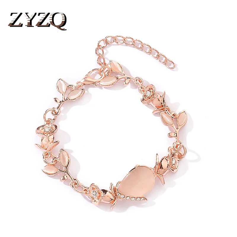 

ZYZQ Romantic Plant Stylish Bracelets With Opal Stone Lovely Rose Gold Color Birthday Gift For Girlfriend Sweety Korean Bracelet