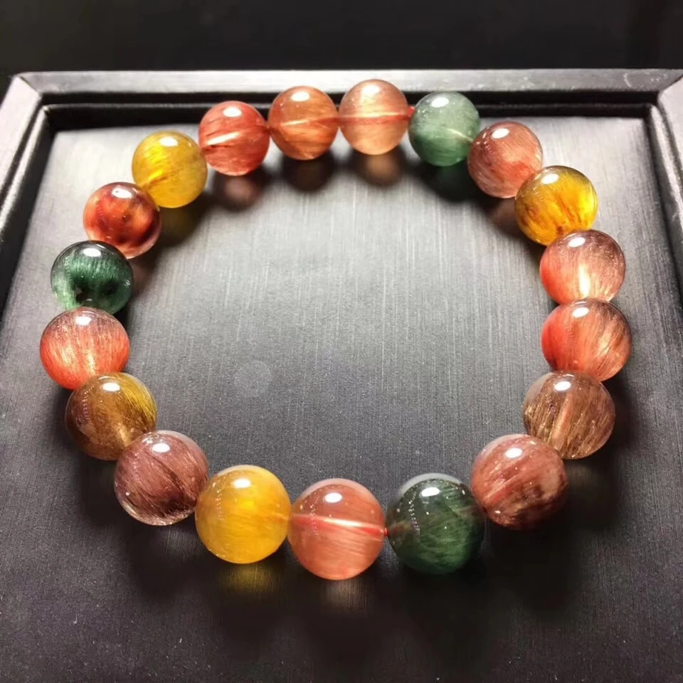 

10mm Natural Colorful Rutilated Quartz Crystal Bracelet Women Love Gift Charms Round Bead Stone Cat Eye Luxury Stretch Jewelry