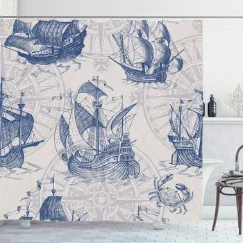 

Shower Curtain Set with Hooks 72x72 Inches Sketch Map Travel Old Caravel Vintage Octopus Sailboat Crab History Columbus Nautical