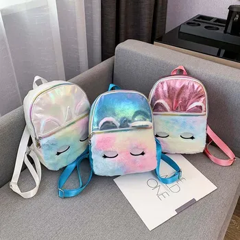 

Cartoon Unicorn Plush Backpack With Ear Children Cute Pu Leather Kindergarten School Bag Girls Double Shoulder Backpack Dropship