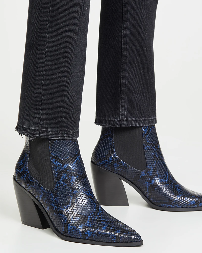 Blue Snake Embossed Texture Booties High Heels Pointed Toe Woman Elastic Large Size 13 15 Lady Fashion Shoes Ankle Boots Shofoo