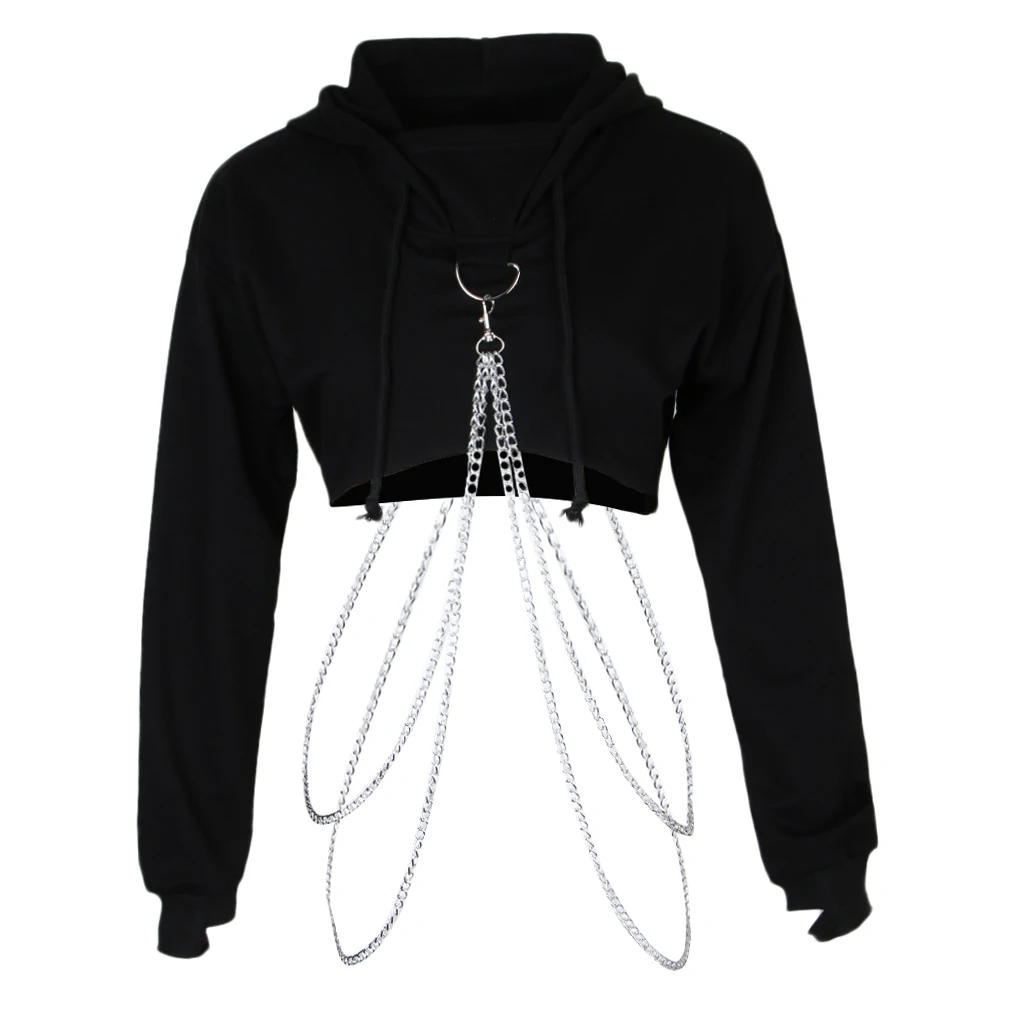 Women Fashion Long Sleeve Pullover Hoodie Crop Top Metal Chain Sweatshirt Women Pullover Hoodie with Alloy Chain