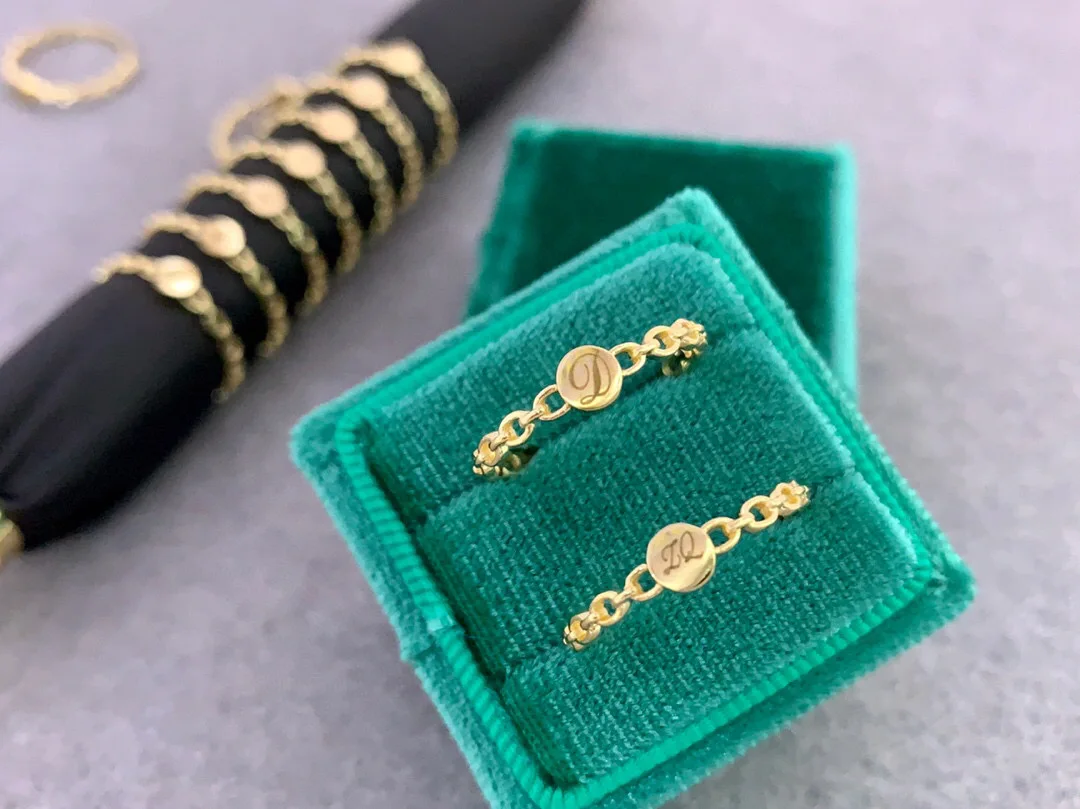 18k sólido amarelo ouro jóias (au750) ins designer corrente anel estilo minimalista empilhados com letras de marca redonda pode ser gravado