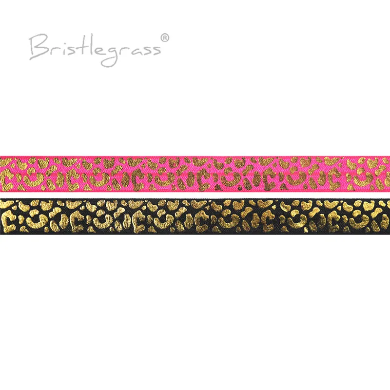 BRISTLEGRASS Wholesale 50 Yard 5/8&quot 15mm Leopard Gold Foil Print FOE Fold Over Elastics Spandex Bands Hair Tie Tutu Dress Sewing |