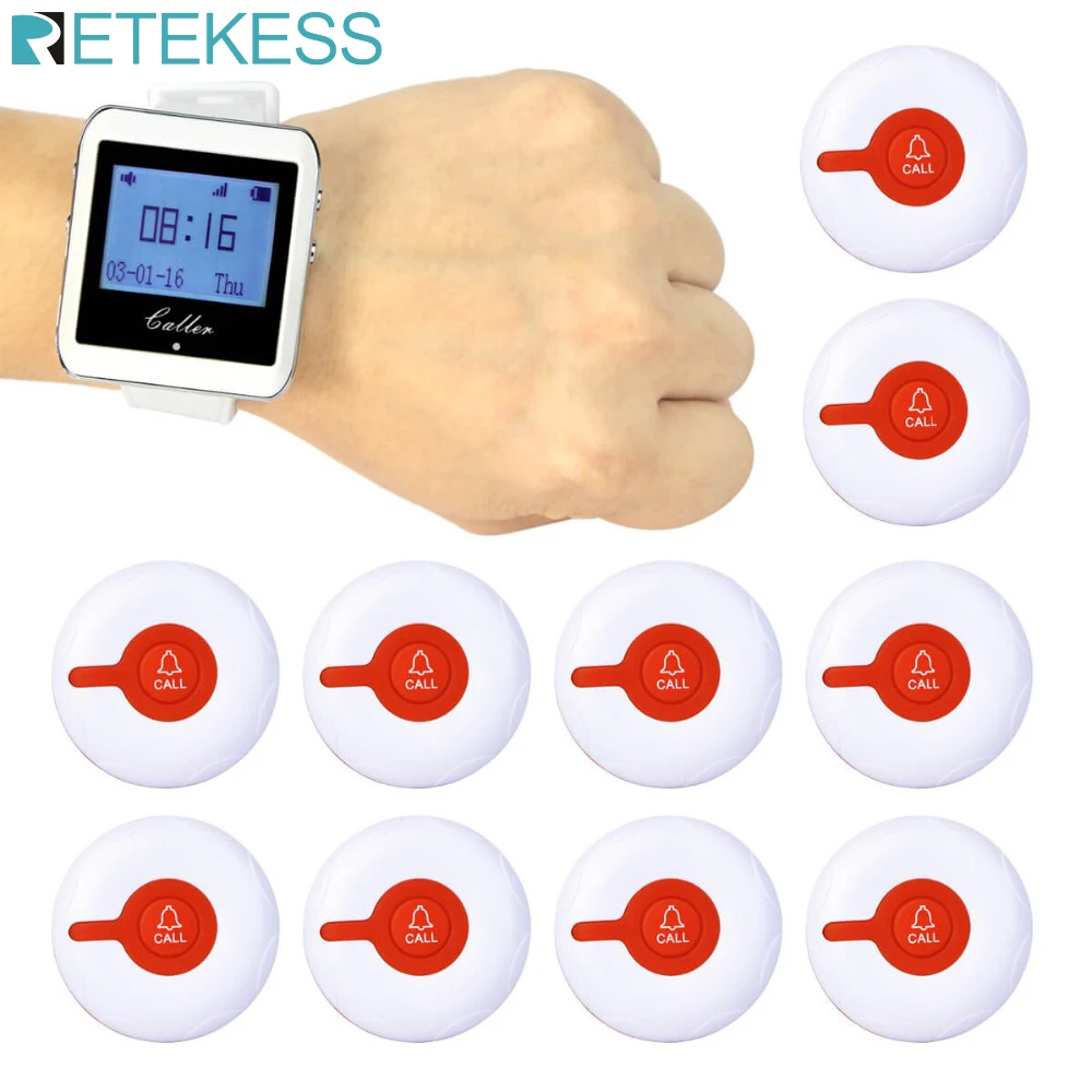 

RETEKESS Wireless Calling System Pager For Restaurant Waiter Watch Receiver+10Pcs Call Buttons Customer Service For Cafe Clinic