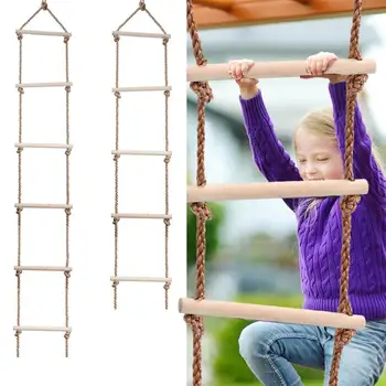 Kids Fitness Toy Wooden Rope Ladder Multi Rungs Climbing Game Toy Outdoor Training Activity Safe Sports Rope Swing Swivel Rotary 1