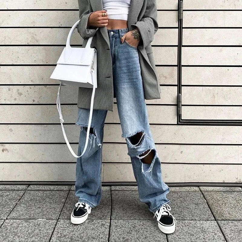 

High Waist Pocket Wide Leg Jeans Female 2020 Autumn Large Size Fashion New Streetwear Hole Denim Women's Pants