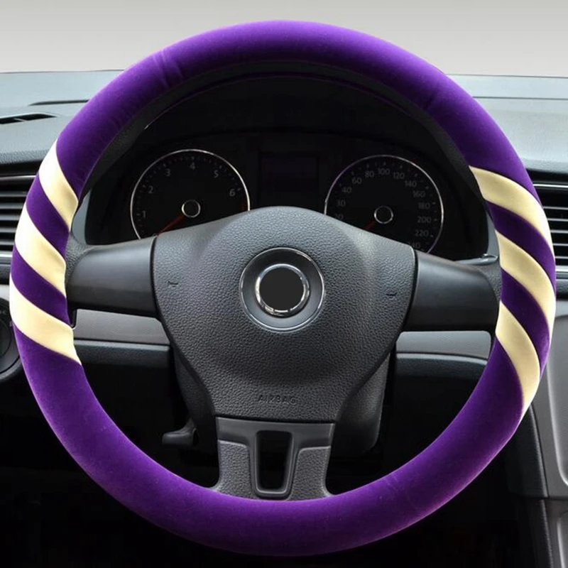 New winter short plush car steering wheel cover imitation flocking Warm hand 36/37/38/39/40cm Universal Gray Red Blck Purple | Автомобили