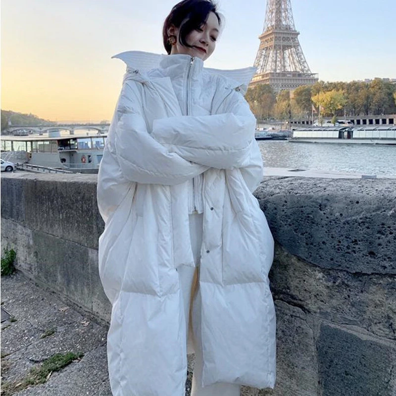 

Oversized Long Cotton-padded Jacket Woman Winter 2023 White Hooded Large Size Thick Warm Snow Parkas Coat Loose Outwear Female