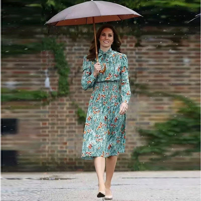 Весна, высокое качество, женские, ручная роспись, банты с цветами, кружева, длинный рукав, облегающее, эластичное, элегантное, Kate Middleton платье