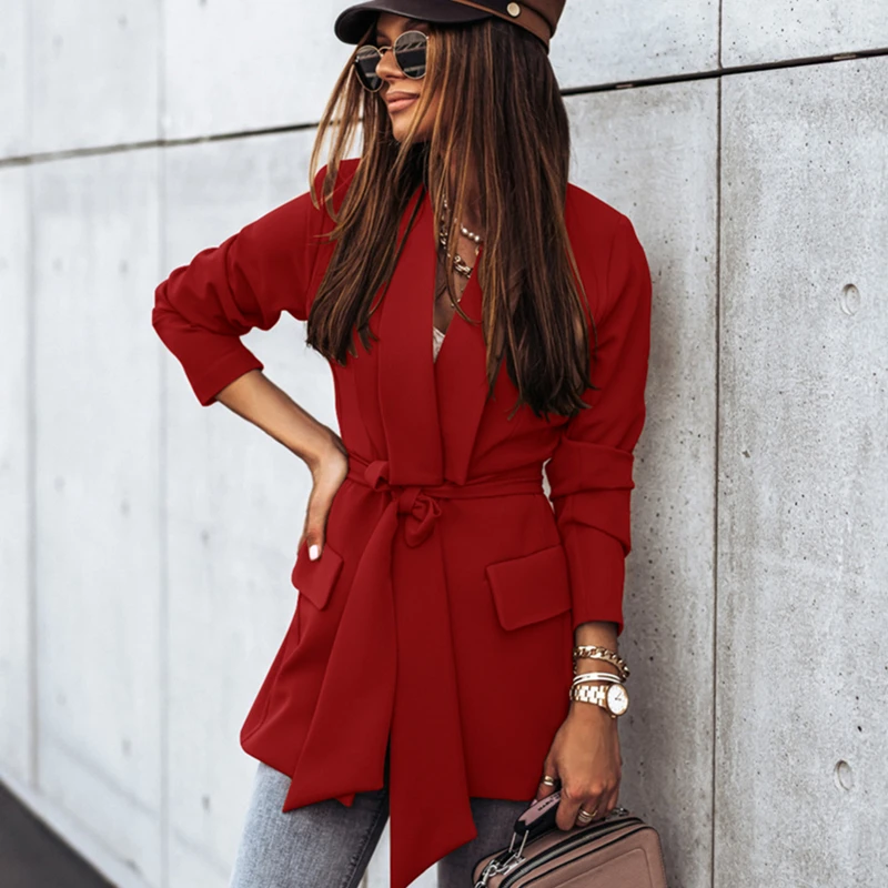 

Elegant Women Blazer Sexy Long Sleeve Solid Color Coat with Belt Ladies Blazers Coats Lace Up Bandage Jacket Bussiness Wear