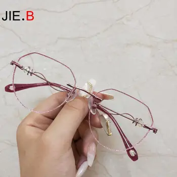 

High Quality Net Red Diamond Fashion Ladies Rimless Glasses Anti-blue Light Flat Mirror Prescription Glasses Gradient Color