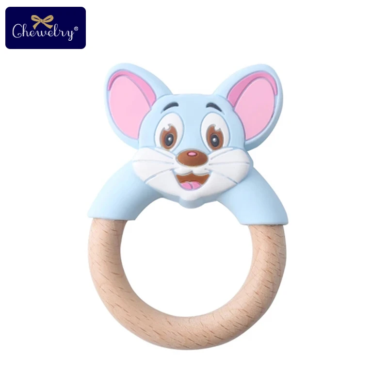 blue mouse ring 1 шт. Детские Прорезыватели силиконовая мышь грызуны Силиконовые Прорезыватели деревянное кольцо деревянный Прорезыватель коляска белка для детей товары игрушки - Цвет: blue mouse ring