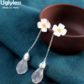 

Uglyless Natural Crystal Magnolia Earrings for Women Real 925 Silver Clover Flowers Earrings Elegant Lady Dress Brincos Bijoux